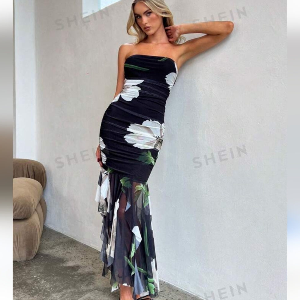 Clara Mesh Maxi Dress in Black/combo